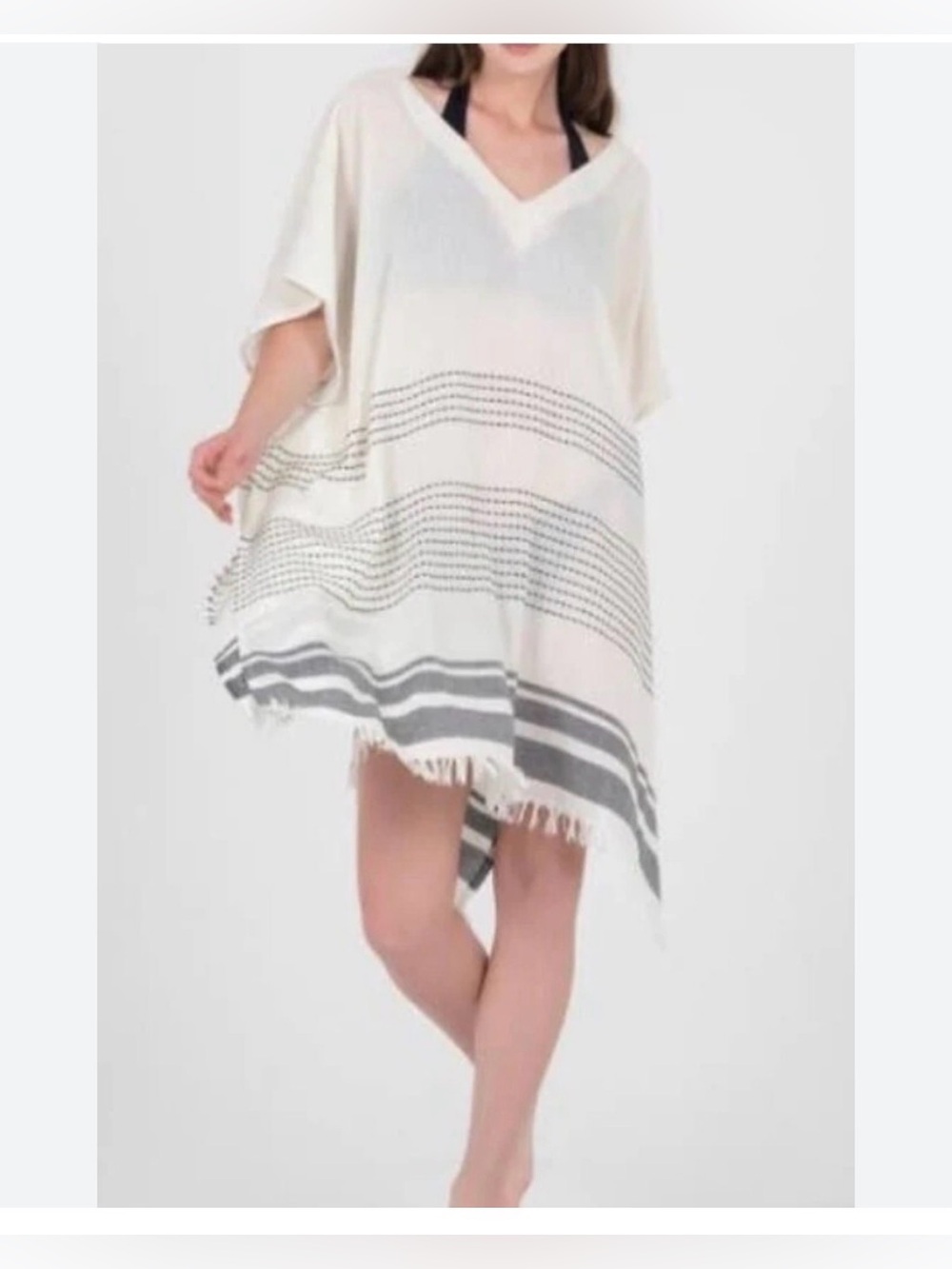 Hatattack 100% cotton White and Black Striped Fringe Beach Cover-Up one size